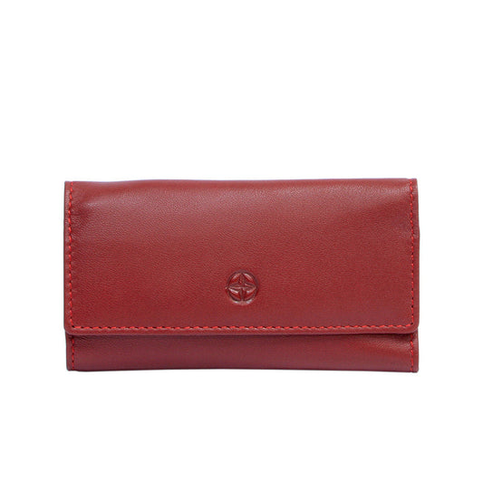 Tony Perotti Cortina 5041 rosso — compact red leather key case closed, compass-rose emblem embossed on the flap and red topstitching