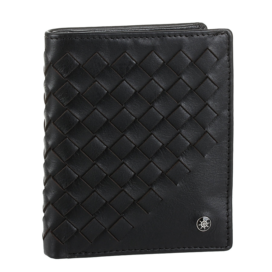 Tony Perotti Timone intrecciato 12071 nero black woven leather compact wallet, three-quarter view