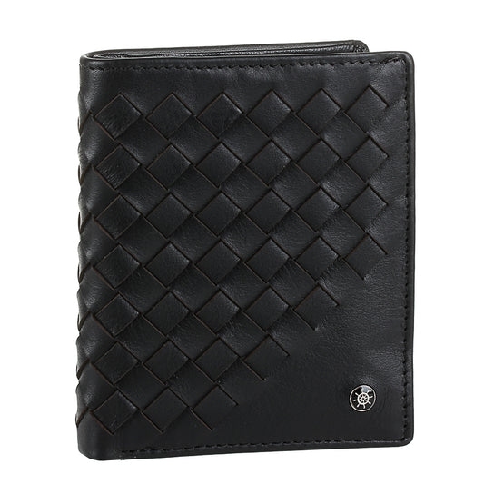 Tony Perotti Timone intrecciato 12071 nero black woven leather compact wallet, three-quarter view