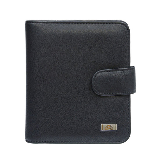 Tony Perotti Contatto 2612 nero — the black leather business card holder closed, with the strap and the metal turtle plate