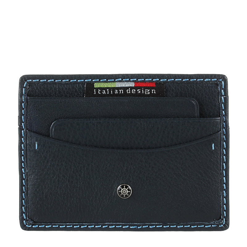 Tony Perotti Timone 11043 navy — the front of the navy leather card holder: card slots along the top, a scooped slip pocket and the metal ship’s-wheel plate