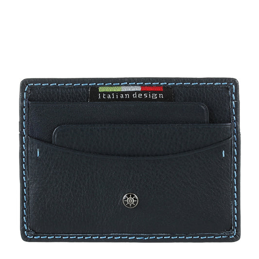 Tony Perotti Timone 11043 navy — the front of the navy leather card holder: card slots along the top, a scooped slip pocket and the metal ship’s-wheel plate