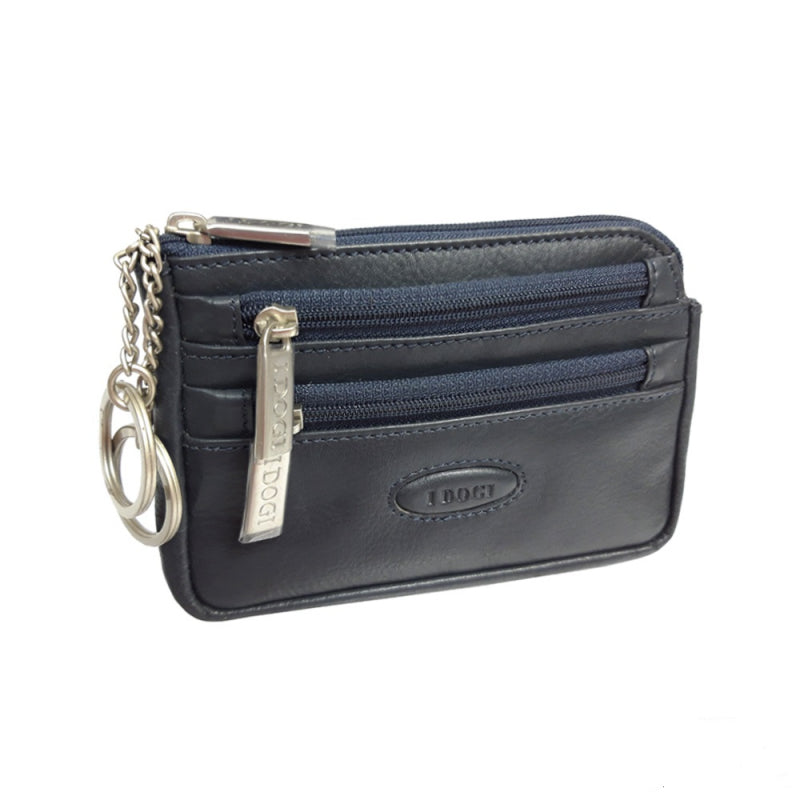 Navy leather key pouch at an angle with two key rings on chains — Tony Perotti Cortina 5016 navy