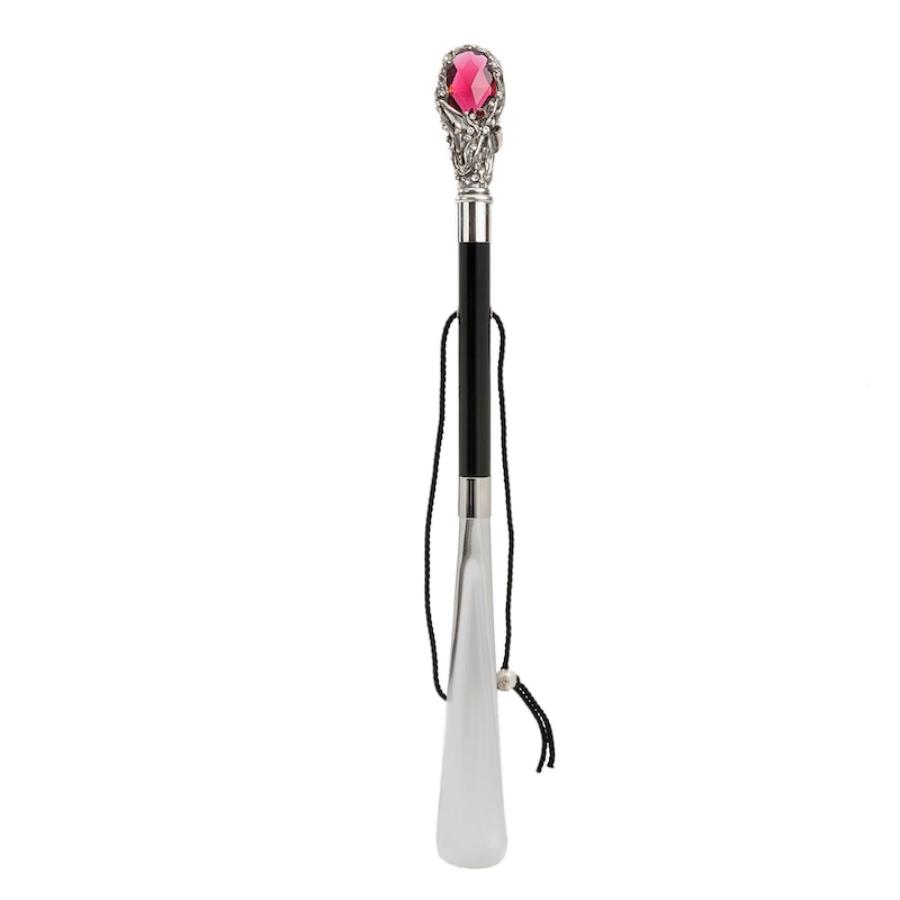 Red crystal shoehorn standing upright: glossy black shaft, hanging cord and silver-tone blade
