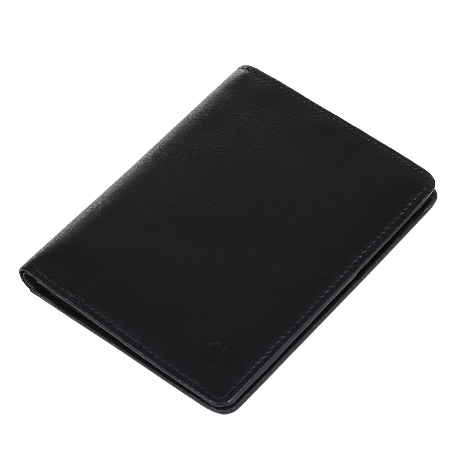 Black Tony Perotti Cortina 5050 wallet lying closed, seen from above — the fold and the slim profile