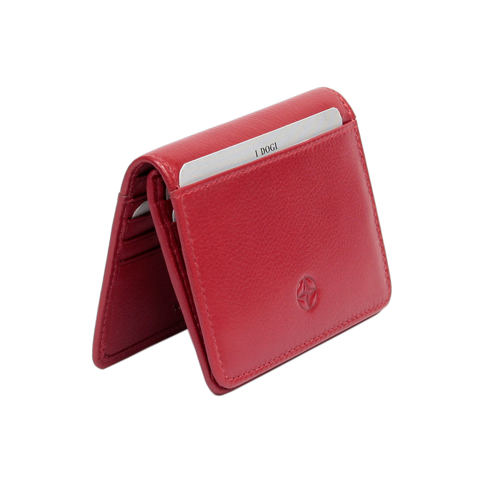 Tony Perotti Cortina 5023 rosso — standing closed with a card in the outer pocket along the top of the front face