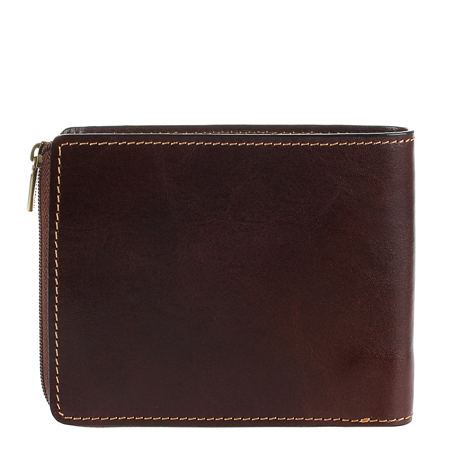 Back of Tony Perotti Italico 3645 moro dark brown leather wallet with tan contrast stitching and side zip