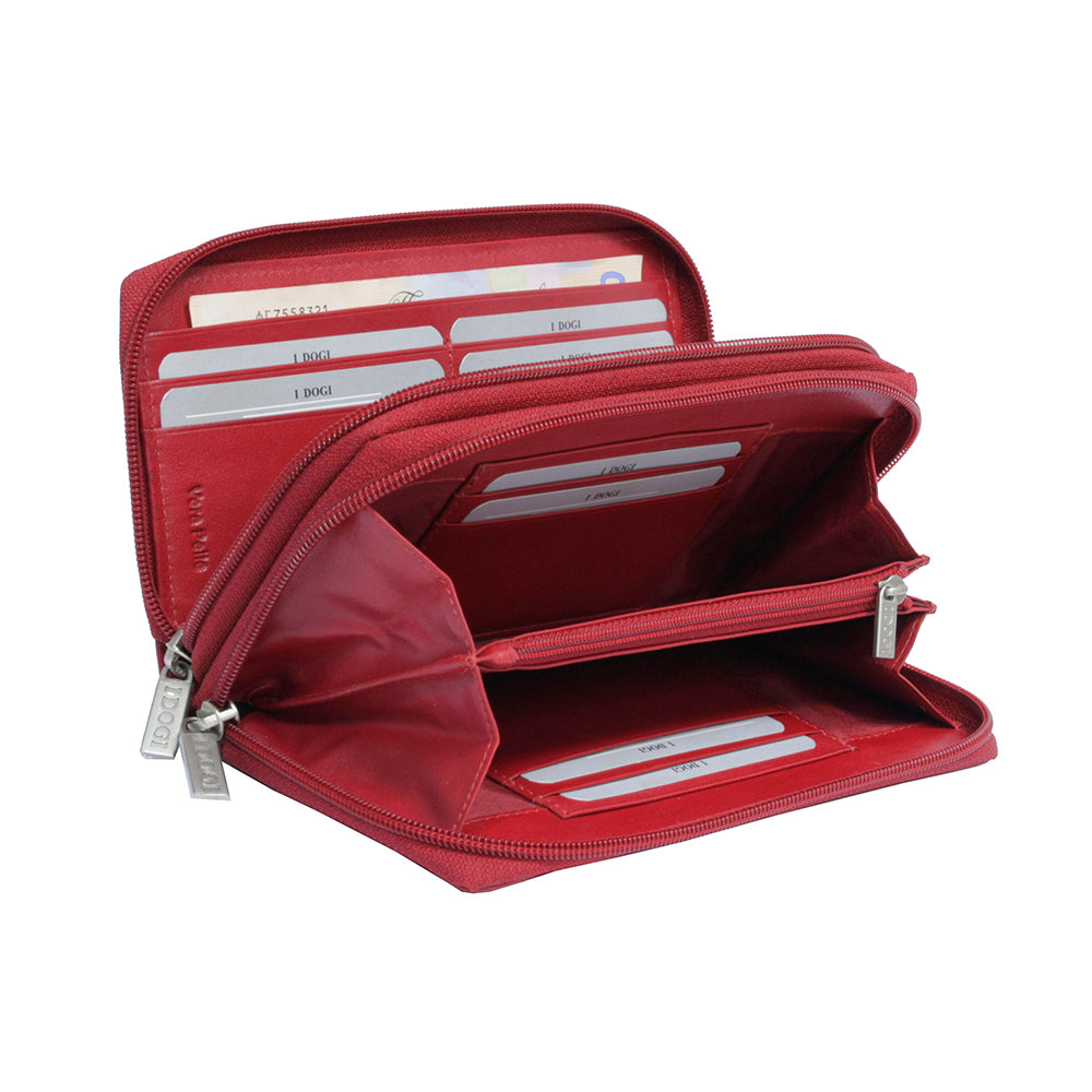 Tony Perotti Cortina 5061 rosso unzipped — two compartments with card slots along the walls and a zipped divider between them