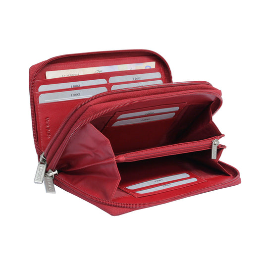 Tony Perotti Cortina 5061 rosso unzipped — two compartments with card slots along the walls and a zipped divider between them