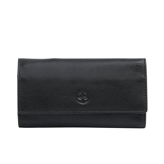 Tony Perotti Cortina 5041 nero — compact black leather key case closed, compass-rose emblem embossed on the flap