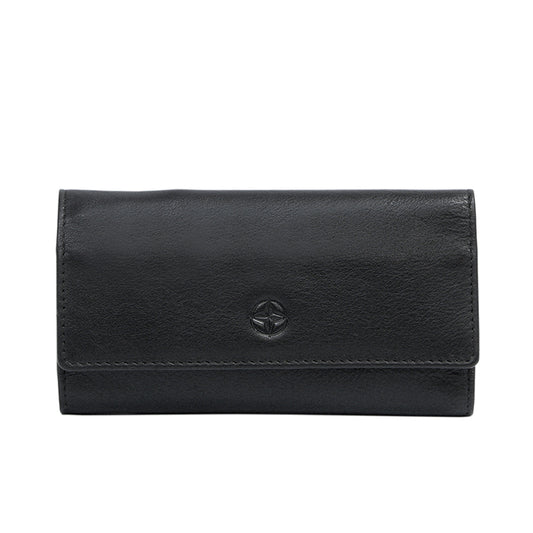 Tony Perotti Cortina 5041 nero — compact black leather key case closed, compass-rose emblem embossed on the flap