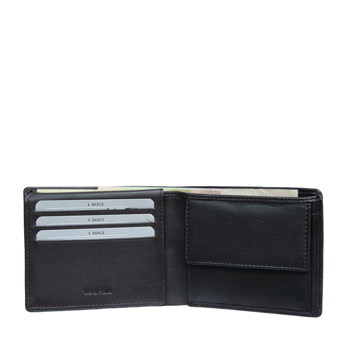 Open dark brown leather bifold wallet showing card slots and snap coin pocket — Tony Perotti Cortina 5078