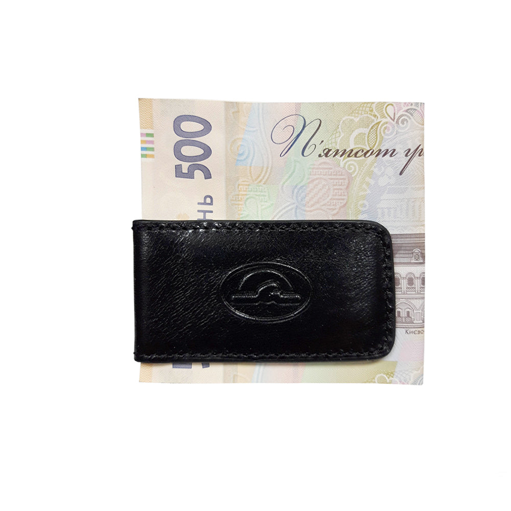Tony Perotti black bull leather magnetic money clip with turtle emblem — Italico 1201 nero