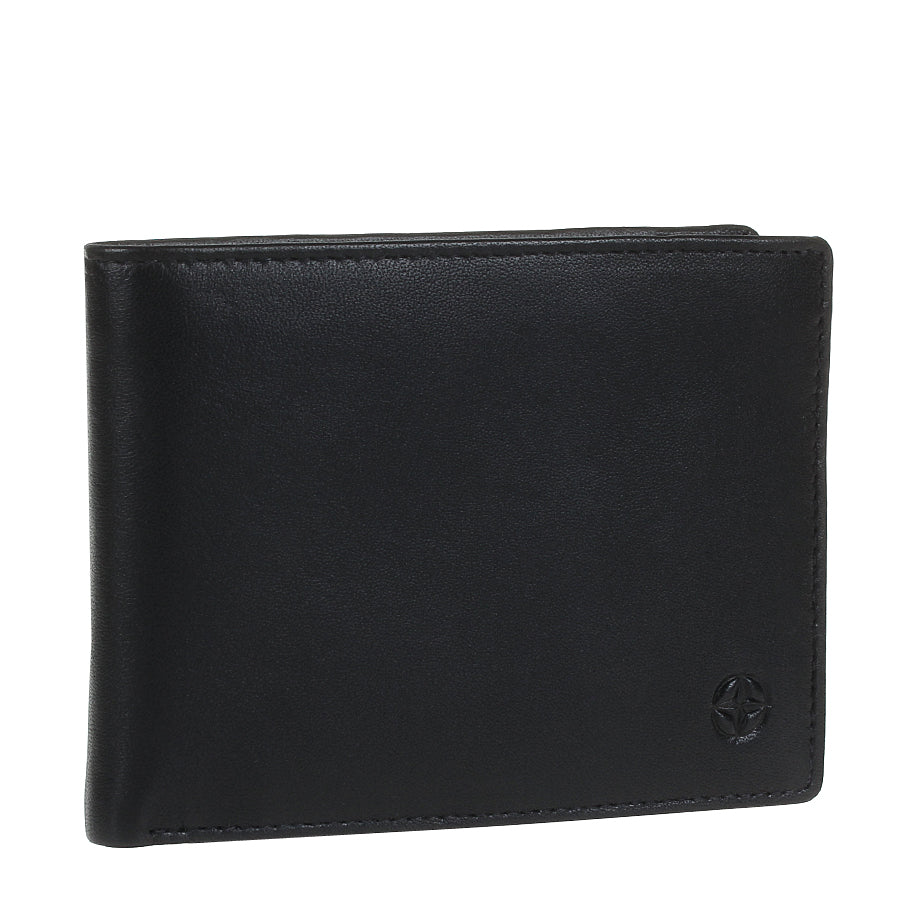 Black Tony Perotti Cortina 5052 bifold wallet standing at a three-quarter angle, closed