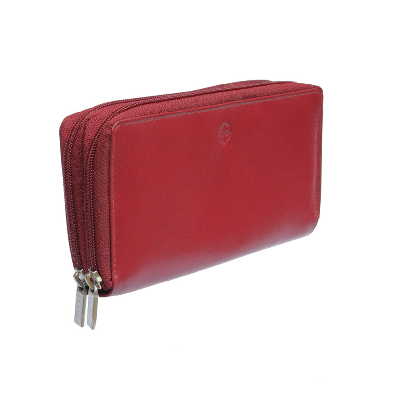 Red Tony Perotti Cortina 5061 double zip-around wallet closed at an angle — the two parallel zips and the depth of the body