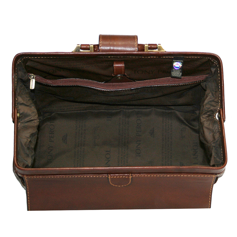 Cognac Italico 8051 opened wide on its rigid frame — branded Tony Perotti lining, inner zip pocket and hologram tag