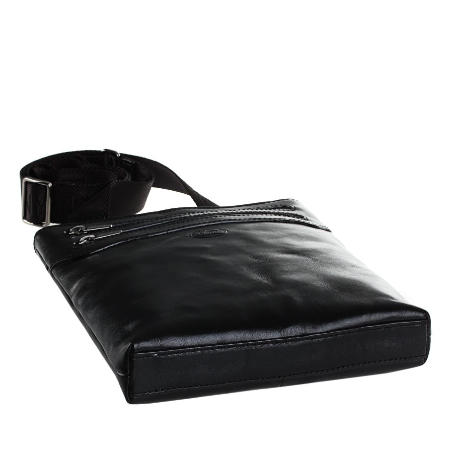 Tony Perotti Italico 6048 black bag lying flat — structured bottom and front zip pockets with branded pullers