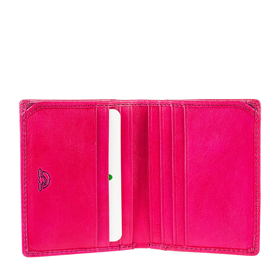 Tony Perotti Topkapi 1034 geranio — opened out: a slip pocket with the embossed Topkapi mark on one half, a stack of card slots on the other