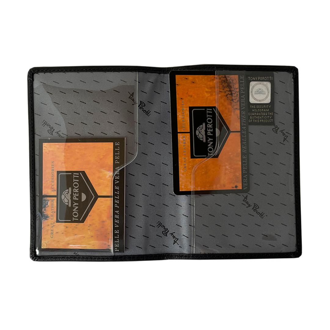 Black passport cover Tony Perotti Contatto 2241 nero opened flat — two transparent pockets with shaped cut-outs over the grey signature-print lining