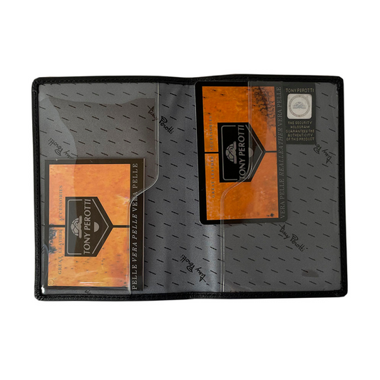 Black passport cover Tony Perotti Contatto 2241 nero opened flat — two transparent pockets with shaped cut-outs over the grey signature-print lining