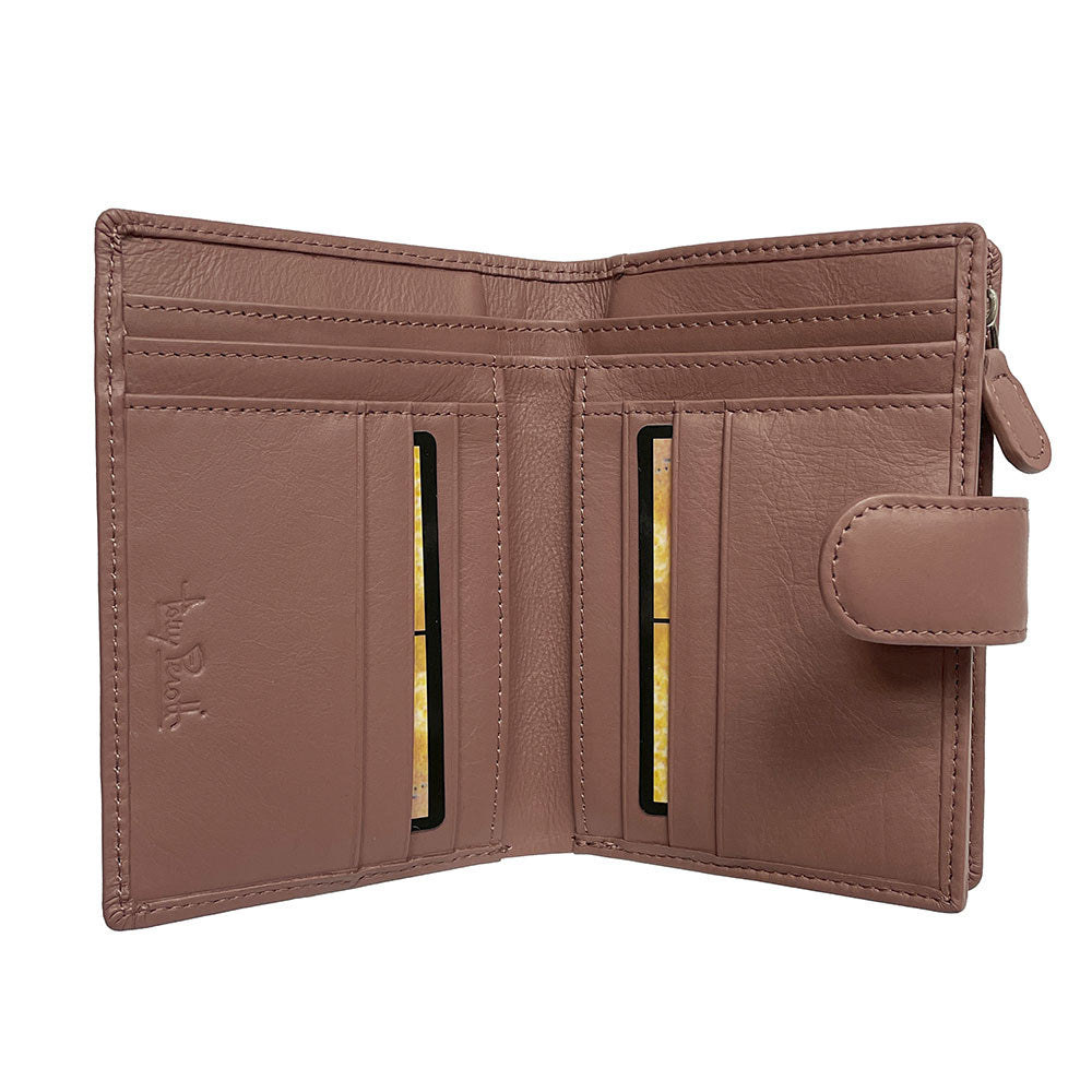 Open powder pink vertical bifold wallet — card slots and embossed Tony Perotti signature
