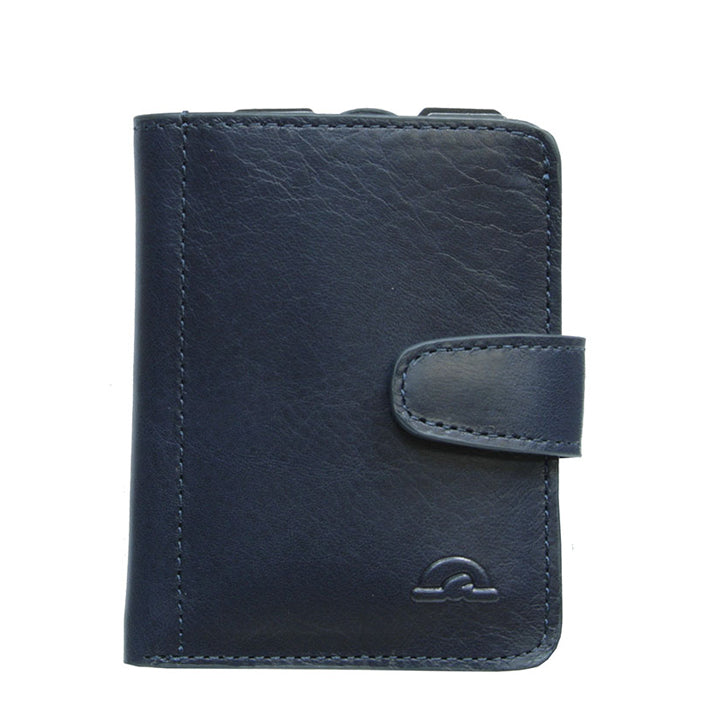 Tony Perotti Nevada 3796+RFID navy leather card holder — front with embossed emblem and strap tab