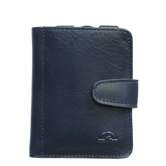 Tony Perotti Nevada 3796+RFID navy leather card holder — front with embossed emblem and strap tab