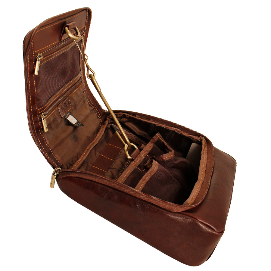 Tony Perotti Italico 8220 moro toiletry bag open to show fitted interior compartments and bottle holders