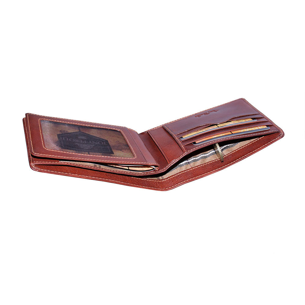 Cognac leather bifold wallet tartan lining — Tony Perotti Italico 314
