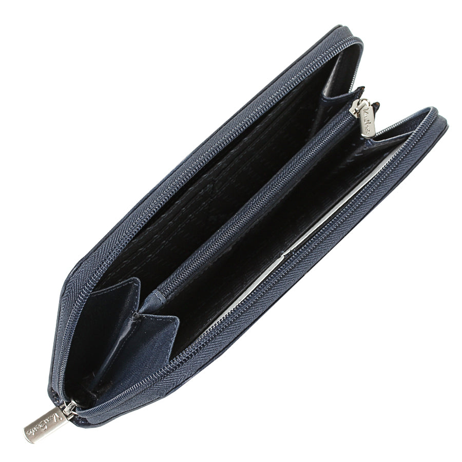 Navy Via Sorte 2250 wallet open showing the zip coin pocket and card slots