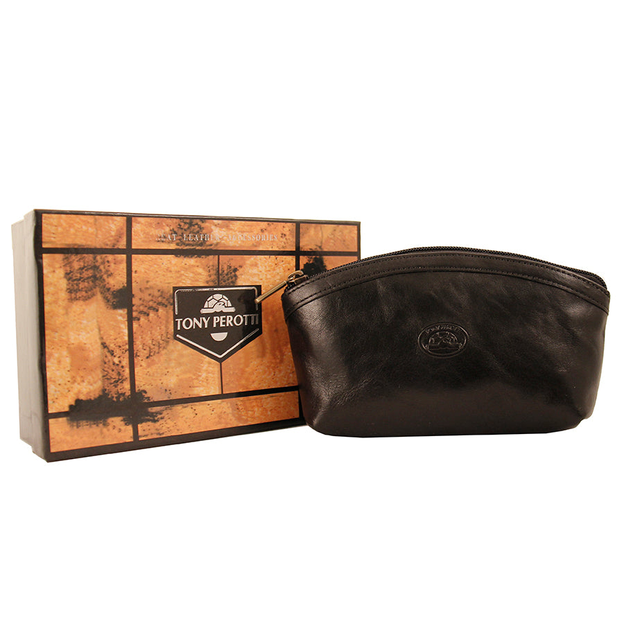 Tony Perotti Italico 2079 nero cosmetic bag next to its printed Tony Perotti box