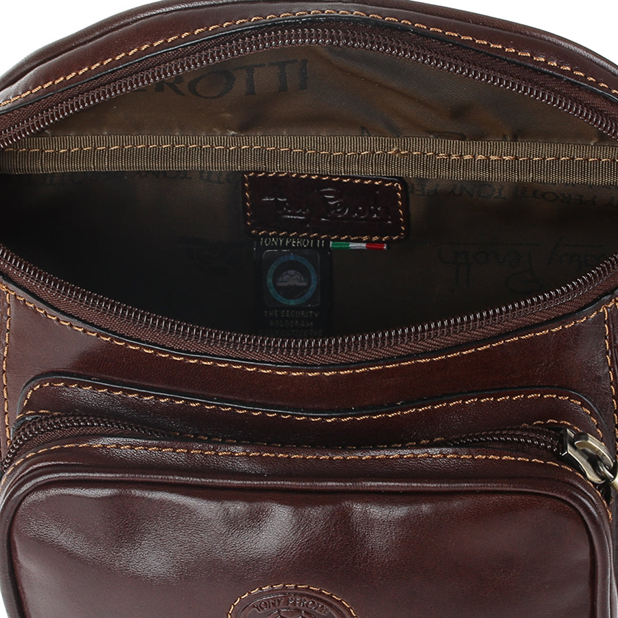 Inside the dark brown Italico 8018 — branded Tony Perotti lining, leather logo patch and security hologram tag