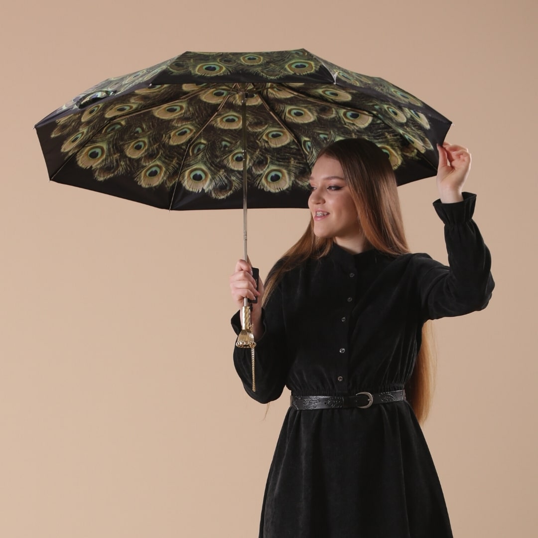 Umbrella women's black with peacock print Pasotti 257 HAWAII P11