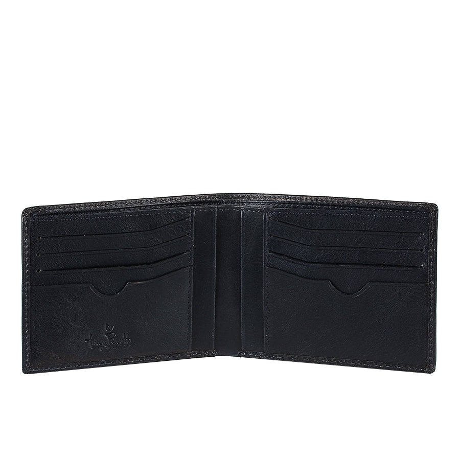 Open Tony Perotti Viasorte 537 navy wallet with card slots on both halves and vertical pockets at the fold