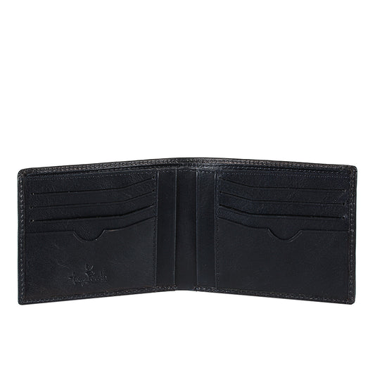 Open Tony Perotti Viasorte 537 navy wallet with card slots on both halves and vertical pockets at the fold