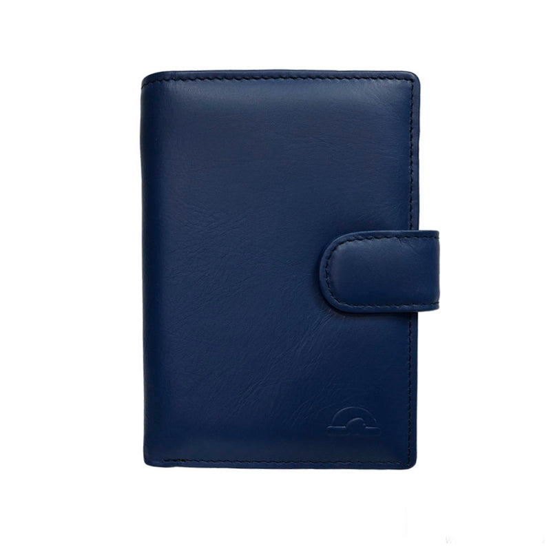 Tony Perotti New Rainbow 1654 blue vertical bifold wallet with snap strap and embossed turtle — handcrafted in Italy