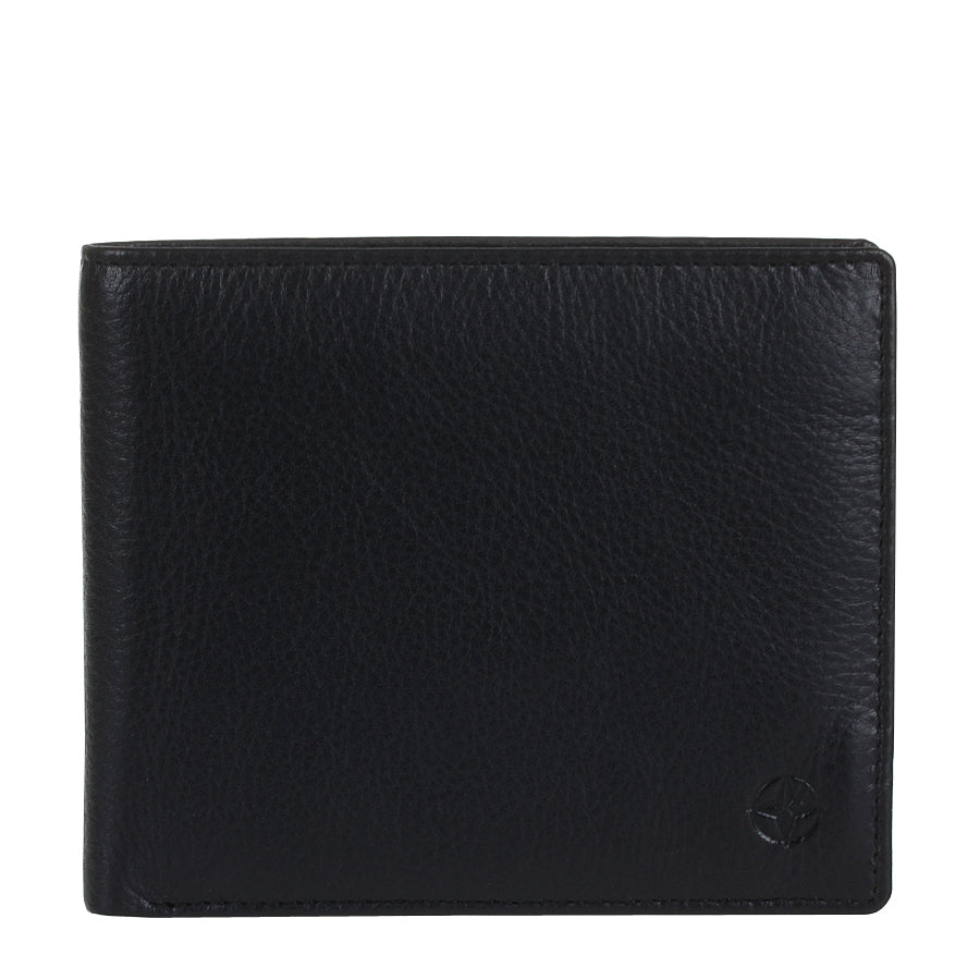 Black Tony Perotti Cortina 5068 leather card wallet seen straight on, closed, with the embossed compass rose in the lower corner
