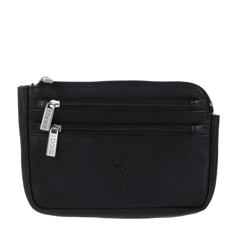Black Tony Perotti Cortina 6014 leather belt bag seen straight on — flat body with two zip pockets on the front