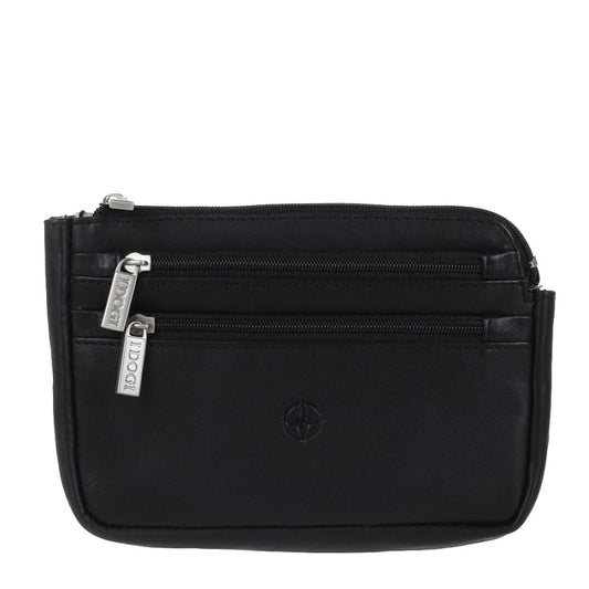 Black Tony Perotti Cortina 6014 leather belt bag seen straight on — flat body with two zip pockets on the front