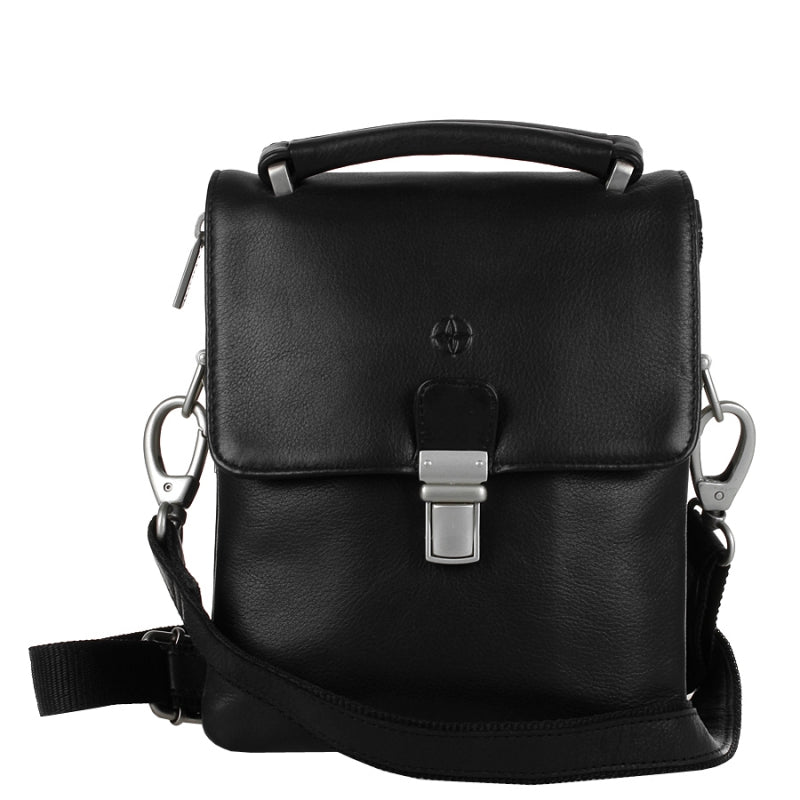 Black Tony Perotti Cortina 6058 leather shoulder bag seen straight on — clasp-lock flap, leather top handle and the detachable strap on snap hooks