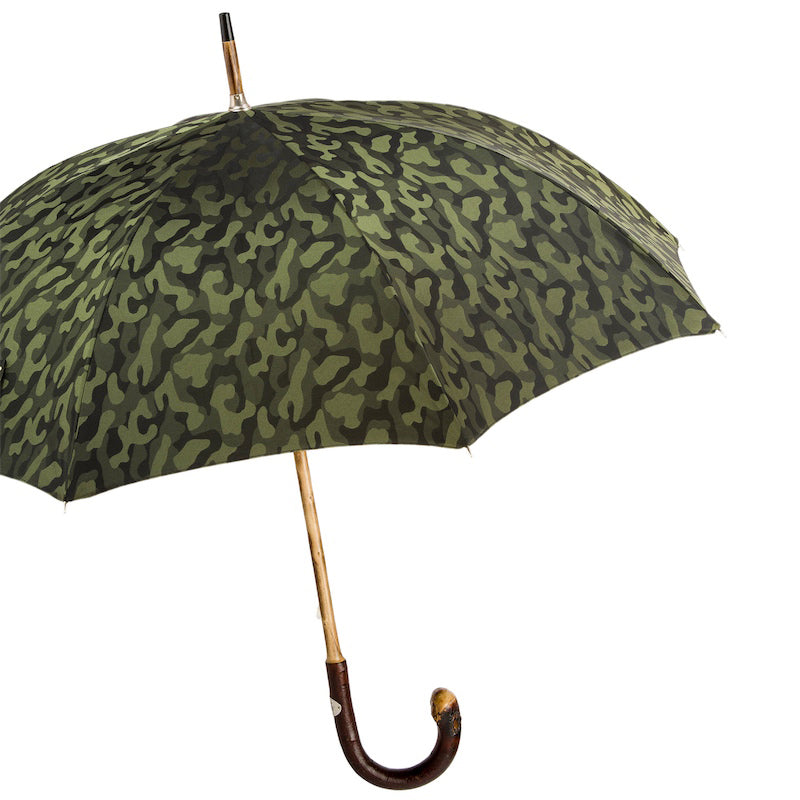 Open olive camouflage umbrella from the side with chestnut shaft and crook handle