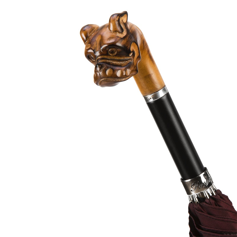 Carved bulldog head with darker shading and silver-tone collar engraved Pasotti