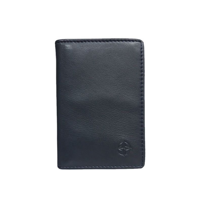 Tony Perotti Cortina 5004 navy — the navy leather business card holder closed, with the embossed compass rose on the front