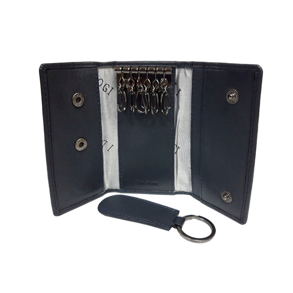 Navy leather key case with the leather key fob unclipped and set beside it — Tony Perotti Cortina 5005 navy