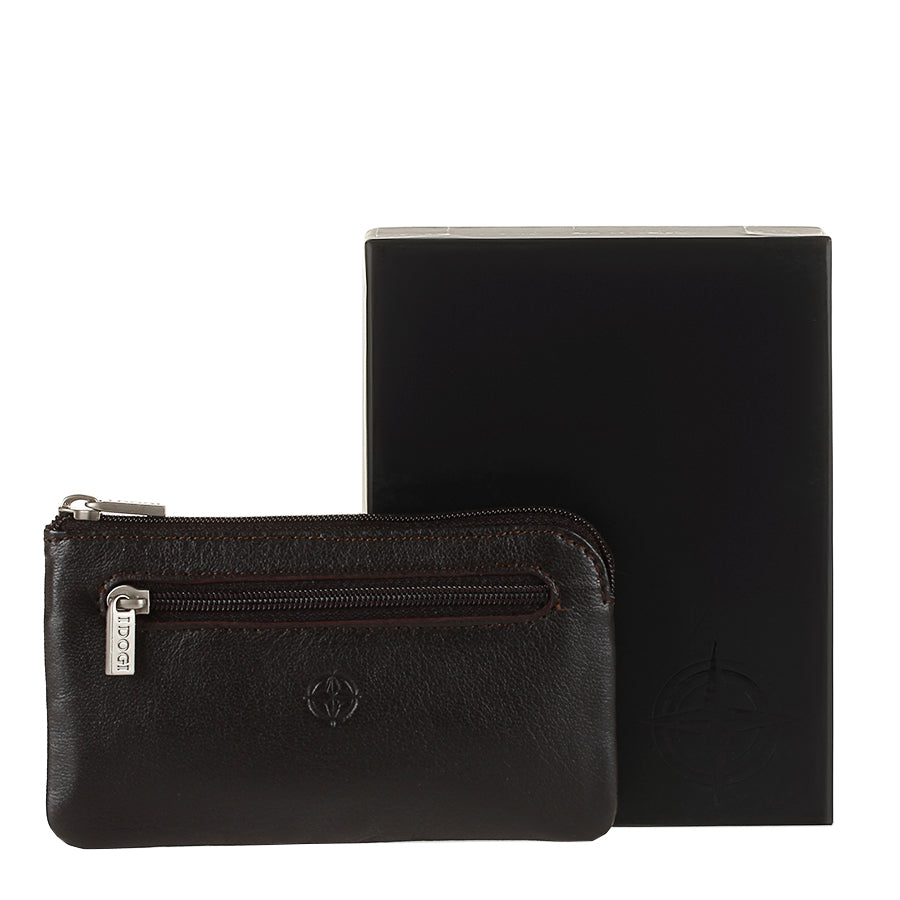 Dark brown leather key pouch beside its black Cortina gift box, handcrafted in Italy — Cortina 5002 moro