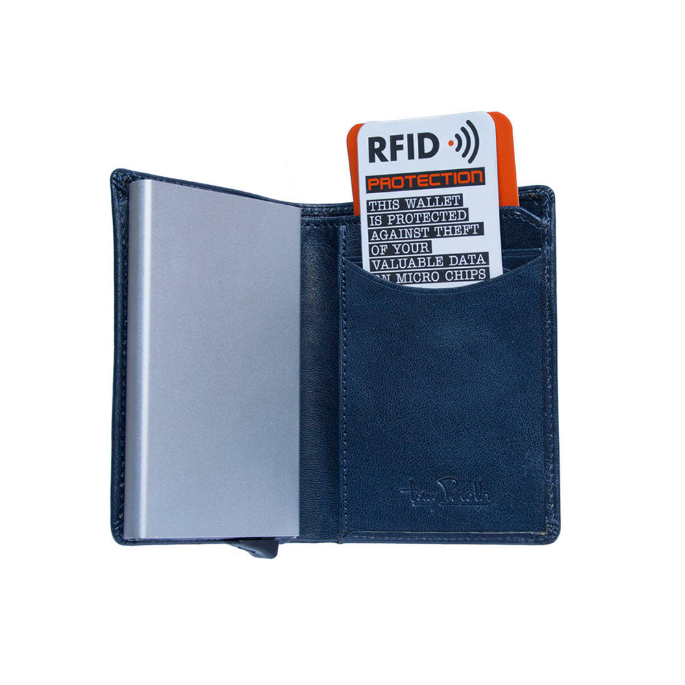 Tony Perotti Nevada 3758 navy — open with aluminium card case and a display card