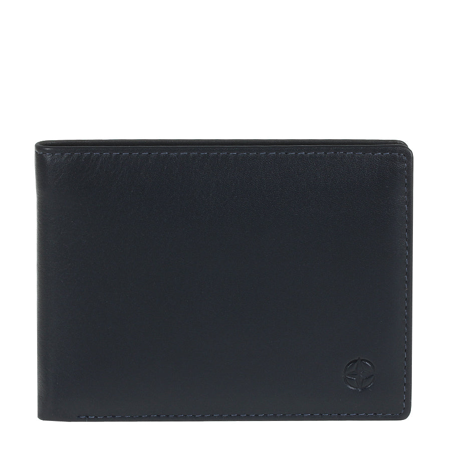 Navy Tony Perotti Cortina 5013 leather bifold wallet seen straight on, closed, with the embossed compass rose in the lower corner