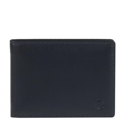 Navy Tony Perotti Cortina 5013 leather bifold wallet seen straight on, closed, with the embossed compass rose in the lower corner