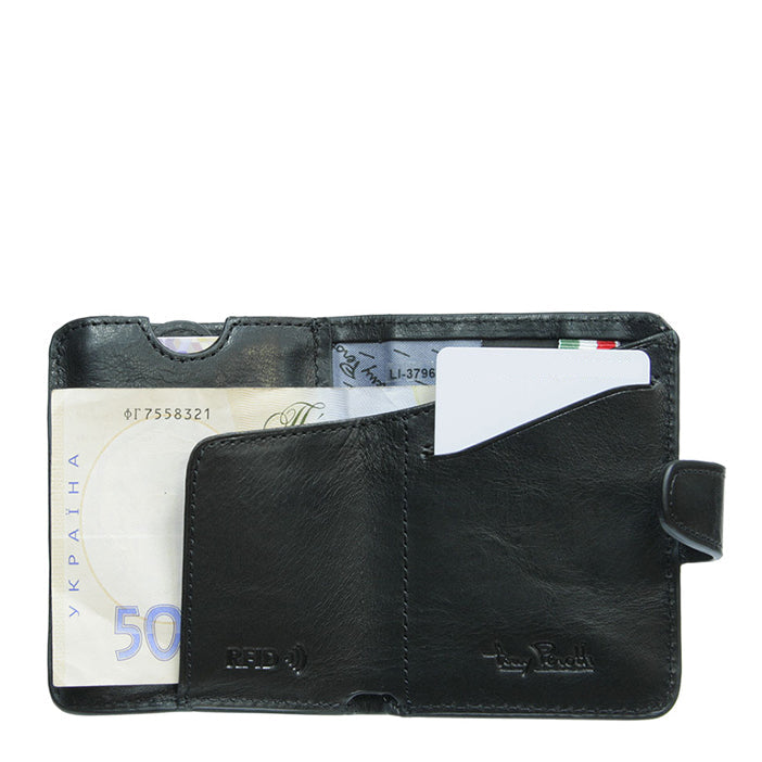 Nevada 3796+RFID nero black card holder open — card sleeve lowered, RFID-embossed panel, banknote and card slot