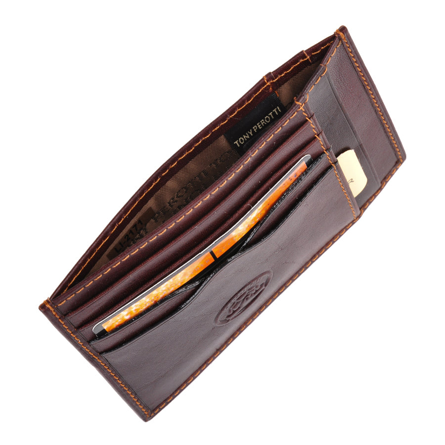 Dark brown leather card holder open showing branded fabric lining — Tony Perotti Italico 2171 moro